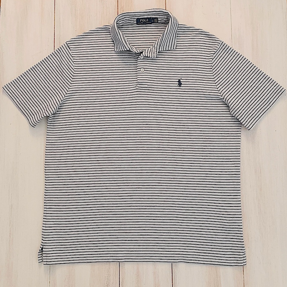 LIKE NEW! Polo Ralph Lauren Mens Soft Cotton Grey Navy Stripped Polo Shirt Large